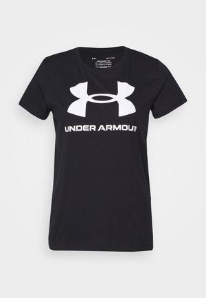 Zwarte katoenen T-shirt met korte mouwen, voorzien van een groot wit Under Armour-logo op de voorkant en een ronde halslijn.