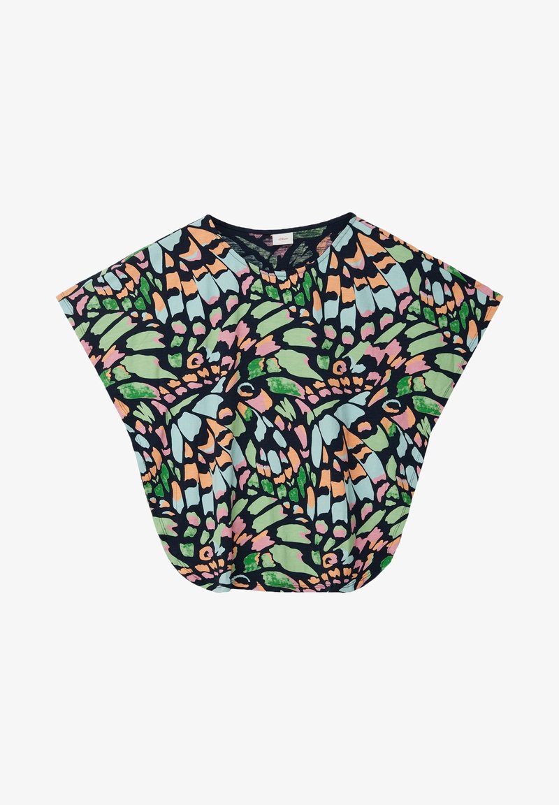 Multikleurig shirt met een vlinderwingpatroon, korte mouwen, ronde hals en een losse pasvorm. Het materiaal lijkt zacht en flexibel.