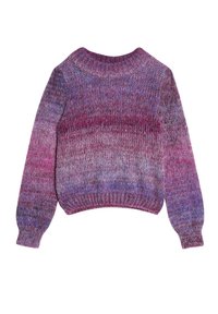 Strickpullover in verlaufenden Farbtönen von Lila und Pink. Mit Rundhalsausschnitt und langen Ärmeln mit gerippten Bündchen und Saum. Weiche Textur.