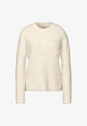 Cremefarvet fleece-sweater med lange ærmer og rund halsudskæring. Har et tekstureret, blødt udseende og en afslappet pasform.