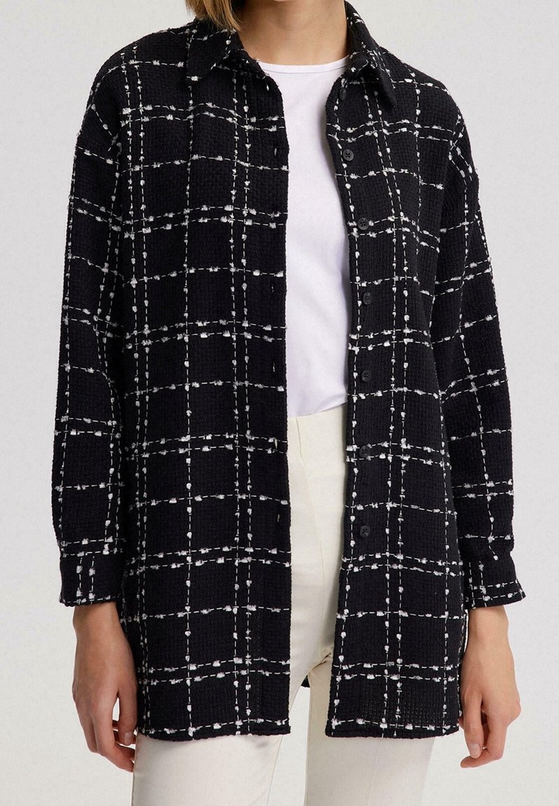 Veste-chemise noire à carreaux en tissu texturé, dotée d'une fermeture boutonnée sur le devant, d'un col et d'un motif quadrillé blanc. Manches longues et coupe décontractée.