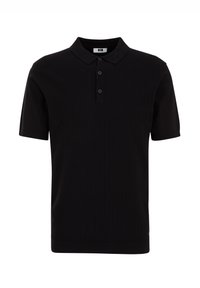 Czarna koszulka polo z krótkim rękawem, wykonana z tkaniny dzianinowej o fakturze, z klasycznym kołnierzykiem i listwą na trzy guziki. Brak widocznych logo ani wzorów.