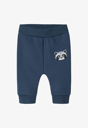 Navyblauwe katoen joggers met een geribbelde tailleband en boorden, voorzien van een geborduurd wasbeer gezicht op de linker bovenbeen.