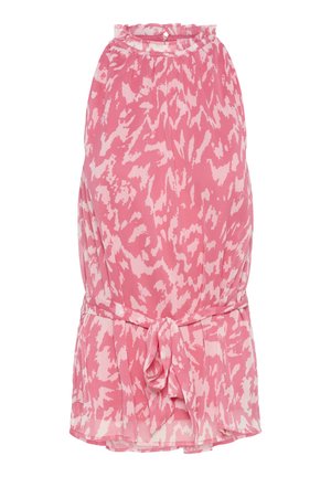 Vaaleanpunaista ilmanhihaista mekkoa, jossa on röyhelökaulus, vaaleanpunaista abstraktia kuviointia, kireä vyötärö ja sidottu vyö. Puoliksi läpikuultavaa kangasta.