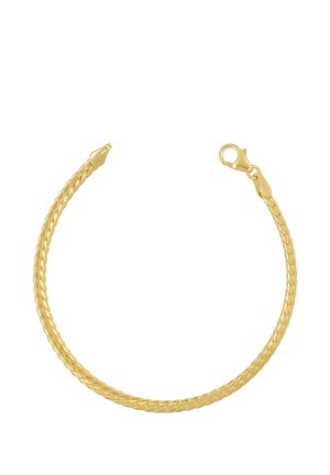 Goldenes Kettenarmband mit flachem gewebtem Muster und Karabinerverschluss.