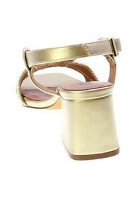 Sandal con tacco a blocco largo in oro metallizzato, con cinturino alla caviglia regolabile e superficie liscia. Presenta una soletta imbottita.