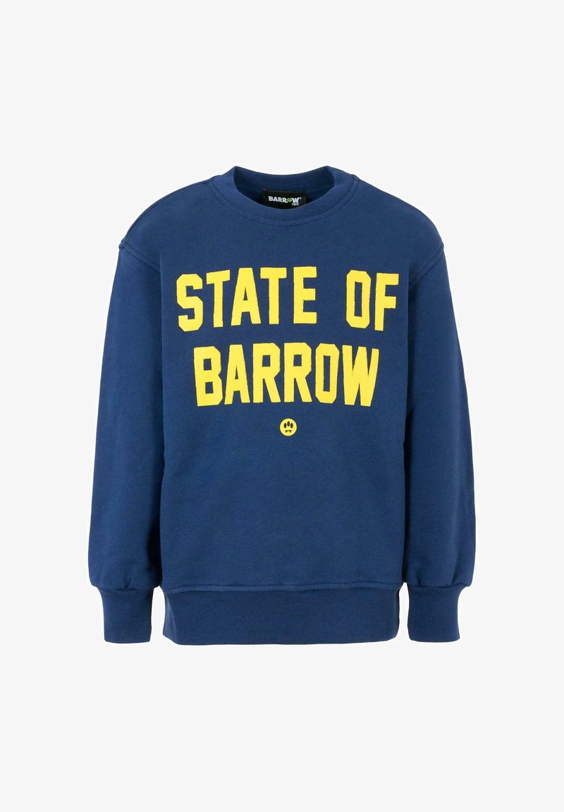 Granatowa bluza z zaokrąglonym dekoltem, ściągaczami przy rękawach i dole. Na przodzie duży żółty napis „STATE OF BARROW” oraz małe logo.