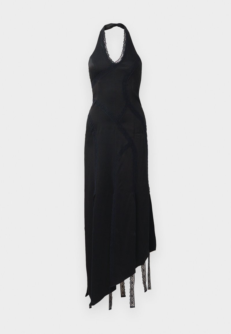 Black halter neck dress with lace accents, featuring an asymmetrical hem and slits, made from smooth fabric with a sleek silhouette.