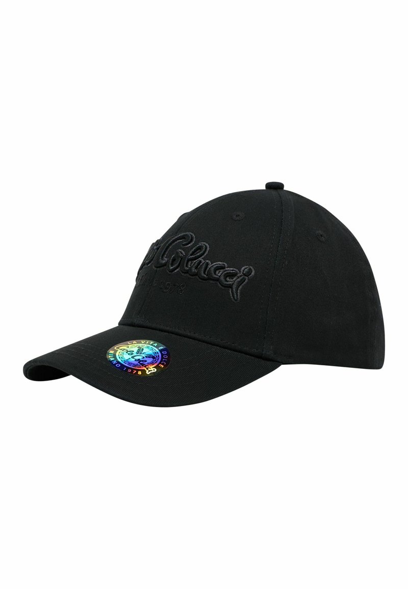 Sort baseball cap lavet af bomuld, med broderet logo, krummet skygge og en multicolor holografisk badge på fronten.