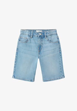 Svetlomodré rifľové šortky s predným gombíkom, zipsovým zapínaním, pútkami na opasok a dizajnom s piatimi vreckami.