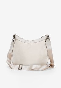 Borsa a tracolla beige chiaro realizzata in tessuto liscio, con chiusura zip, tracolla regolabile e design minimalista senza motivi visibili.