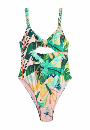 Einteiliger Badeanzug mit tropischem Blatt- und Vogelprint, vorderer Knotendetail, Ausschnitt unterhalb der Brust und geflochtenen Schultergurten vor rosa Hintergrund.