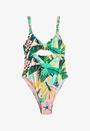 Einteiliger Badeanzug mit tropischem Blatt- und Vogelprint, vorderer Knotendetail, Ausschnitt unterhalb der Brust und geflochtenen Schultergurten vor rosa Hintergrund.