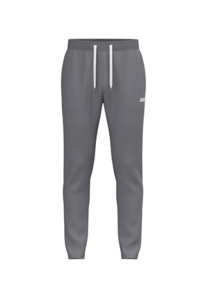 Grå joggingbukser med hvide snore og et lille hvidt logo på øverste venstre lår, vist på en hvid baggrund.