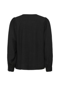 Black long-sleeve blouse with a simple round neckline and gathered puff sleeves. Made of lightweight fabric, featuring button details at cuffs.