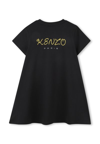 Robe en coton noire à manches courtes, de forme évasée, arborant le texte jaune "KENZO" et "PARIS" imprimé sur le devant. Texture lisse.
