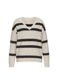 Krémovo-čierny pruhovaný sveter s výstrihom do V, vyrobený z nadýchaného materiálu, s voľnými rukávmi a uvoľneným strihom.