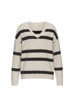 Cremfarbener und schwarzer gestreifter Pullover mit V-Ausschnitt, aus einem flauschigen Material, mit lockeren Ärmeln und lässiger Passform.