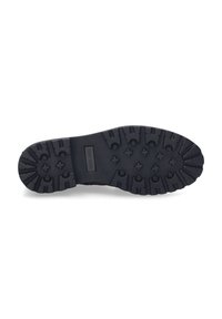 Suela de zapato de goma negra con profundas protuberancias para tracción, que presenta una superficie lisa y un logo de la marca en relieve. Diseño duradero y robusto.