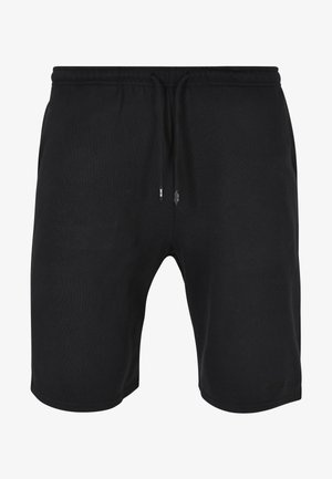 Czarne spodenki sportowe z lekkiego materiału, z elastyczną talią i sznurkiem ściągającym oraz małym logo z przodu.