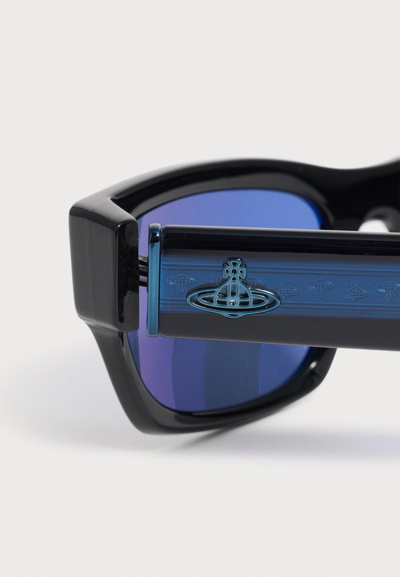 Black sunglasses with blue mirrored lenses and a double blue arm featuring a raised orb and cross logo design.