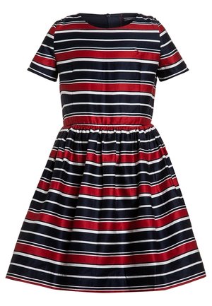 Kinderkurzarmkleid mit rot-schwarz-weißen horizontalen Streifen und geraffter Taille.