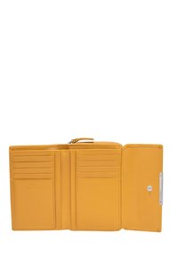 Yellow leather wallet with multiple card slots, a zippered compartment, and a snap button closure. Smooth texture and minimalist design.