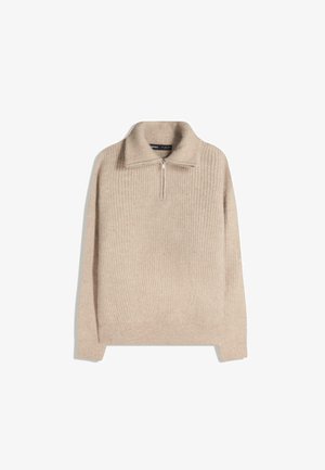 Béžový rebrovaný sveter so zipsovým golierom a dlhými rukávmi. Vyrobený z textúrovaného, mäkkého materiálu. Minimalistický dizajn bez vzorov či akcentov.