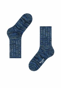 Calze a righe blu con texture a coste e accenti di blu scuro contrastanti, progettate in uno stile di lunghezza media.