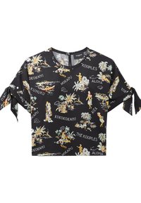 Top corto nero con maniche corte, caratterizzato da una stampa tropicale di palme, isole e persone. Maniche corte con fiocchi, tessuto leggero.
