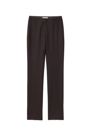 Black tailored pants made of smooth fabric, featuring a straight leg design, front pockets, and a clean waistband without visible closures.