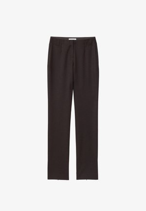 Black tailored pants made of smooth fabric, featuring a straight leg design, front pockets, and a clean waistband without visible closures.