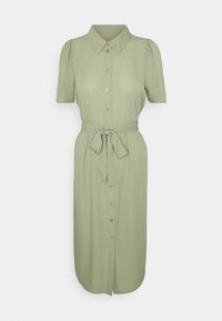 Jasnozielona, midi sukienka z krótkim rękawem z guzikami z przodu, z ostrym kołnierzykiem i przewiązywanym pasem.
