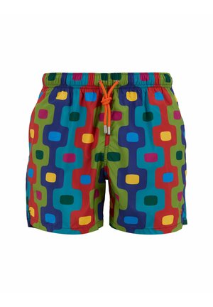 Costumi da bagno colorati con un motivo geometrico composto da forme rosse, verdi, blu e gialle, vita elastica e cordoncino arancione.