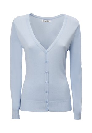 Lichtblauwe cardigan met lange mouwen, een V-hals, geribbelde manchetten en een knoopsluiting aan de voorkant met kleine bijpassende knopen. Zachte, gebreide textuur.