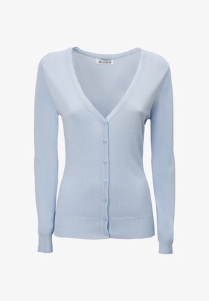 Cardigan azul claro de manga larga con cuello en V, puños acanalados y cierre frontal con pequeños botones a juego. Textura suave y tejida.