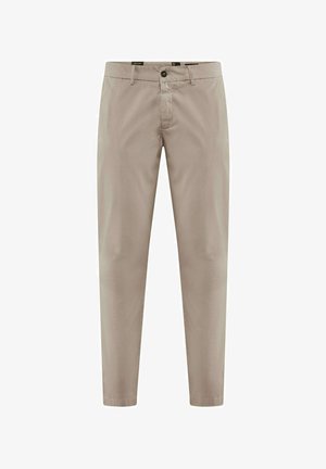 Beige Baumwollhosen mit einer geraden Passform, klassischem Fünf-Taschen-Stil, einem Knopfverschluss und dezenten Steppdetails.