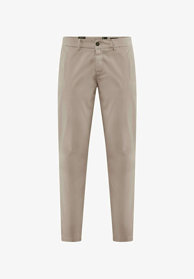 Beige katoenen broek met een recht model, klassieke vijf-pocket stijl, een knoopsluiting en subtiele stikdetails.