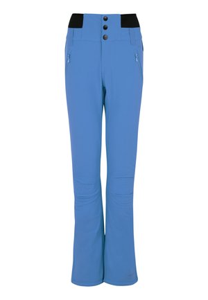 Modré sněhové kalhoty s černým pasem, zapínání na tři knoflíky a dvě boční kapsy na zip. Mají široké nohavice a hladký povrch.