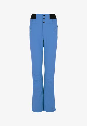 Blaue Schneehosen mit einem schwarzen Taillenbund, einer dreifachen Knopfschließe und zwei seitlichen Reißverschlusstaschen. Sie verfügen über einen ausgestellten Beinansatz und eine glatte Textur.