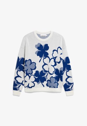 Gestickter Pullover in Weiß mit blauem floralen Kleeblattmuster. Verfügt über einen Rundhalsausschnitt sowie gerippte Bündchen und Saum. Weiche Textur mit lockerer Passform.