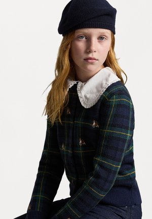 Pull en tricot bleu marine avec un motif à carreaux vert et jaune, ornés de chiens brodés et d'un col volanté blanc.