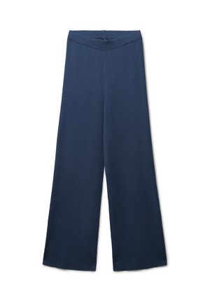 Pantalon large couleur marine en tissu doux, avec une taille lisse et sans matériel ou motifs visibles, avec une coupe droite des hanches.