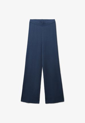 Navy-blaue weit geschnittene Hose aus weichem Material, mit einem glatten Bund und ohne sichtbare Metallteile oder Muster, mit geradem Schnitt von der Hüfte.