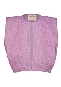 Lavender fleece vest with a textured, bobble-like pattern, open front, and no fastenings. Tag reads "Vingino."