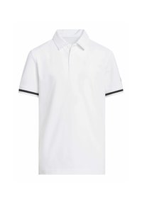 Polo shirt blanc avec un col classique, trois boutons et des rayures noires sur les manches courtes. Fabriqué en coton avec une finition texturée.