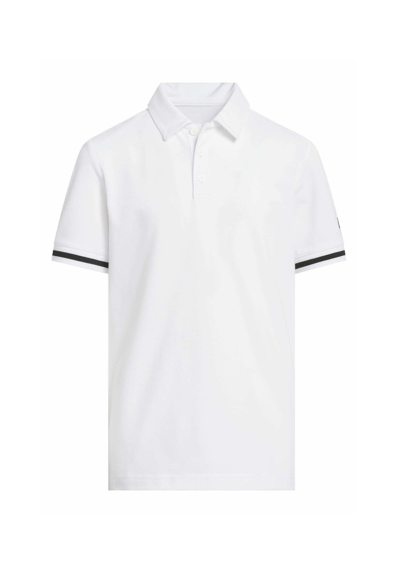 Polo shirt blanc avec un col classique, trois boutons et des rayures noires sur les manches courtes. Fabriqué en coton avec une finition texturée.