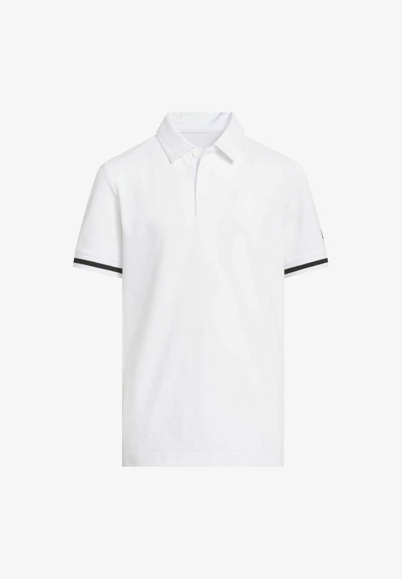 White polo shirt with a classic collar, three buttons, and black stripes on the short sleeves. Made of cotton with a textured finish.