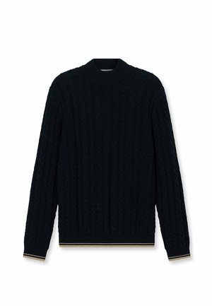 Navy blue cable knit sweater with a ribbed crew neckline and contrasting striped trim at the hem and cuffs. Featuring long sleeves.