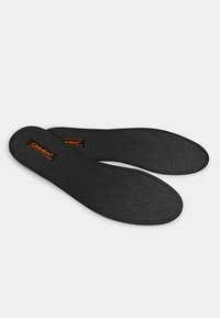 Black insoles with a quilted texture, featuring a stitched design and an orange logo label. Flat shape with rounded edges for foot support.